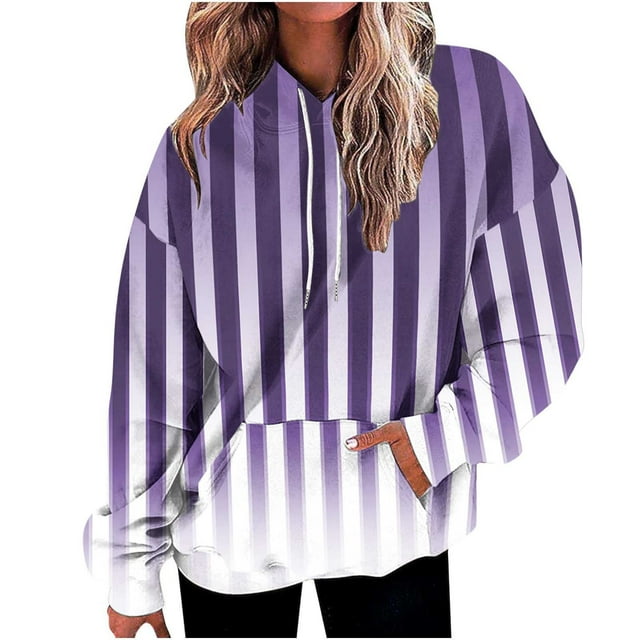 Annhoo Womens Sweatshirts Stripes Print Fall Long Sleeve Drawstring Hoodies Plus Size Trendy Gradient Color Outfits