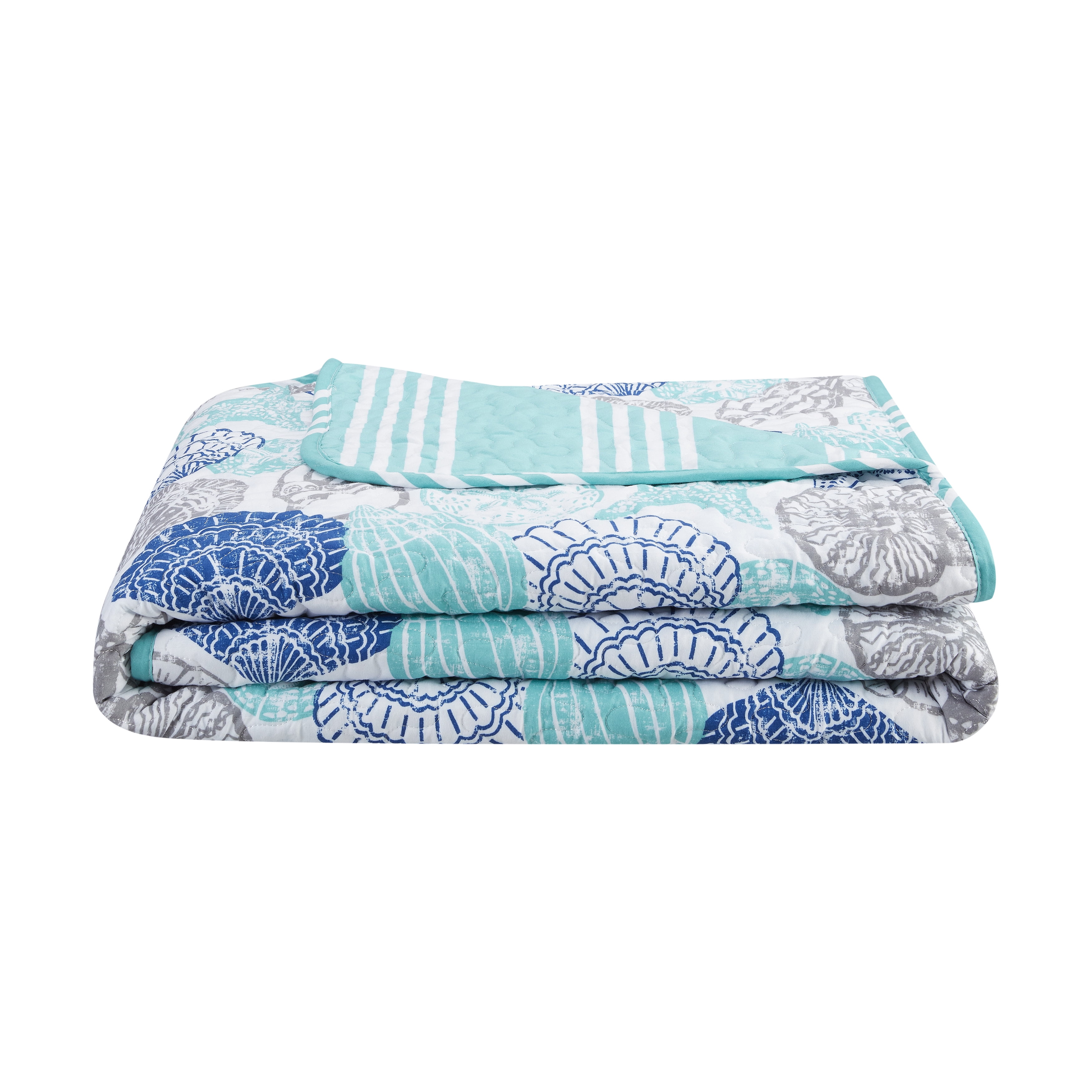 Bedding 4-piece Reversible Quilt Set, Gray/Blue/Aqua, Twin, Seashell & Starfish by Quaint Home
