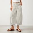 thumbnail image 4 of Only Moment Trendy Ruffle Flare Pant Legs Design Linen Pants Elastic Waist Pants Casual Loose Drawstring Summer Beach Travel Vacation Palazzo Harem Pants with Pockets White,L, 4 of 5