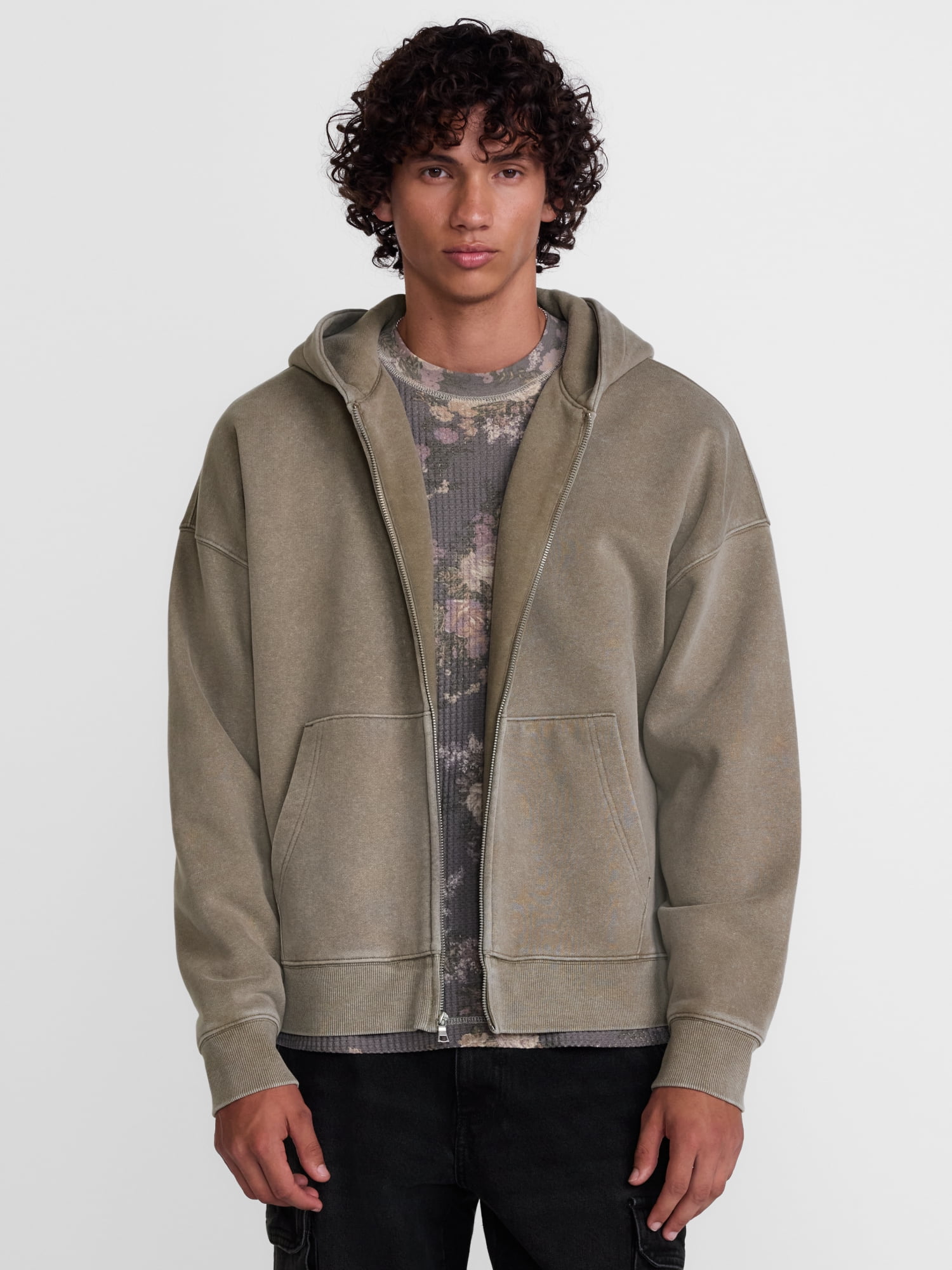 No Boundaries Boxy Fit Heavyweight Fleece Full Zip Hoodie Sweatshirt, Men's Sizes XS-3XL