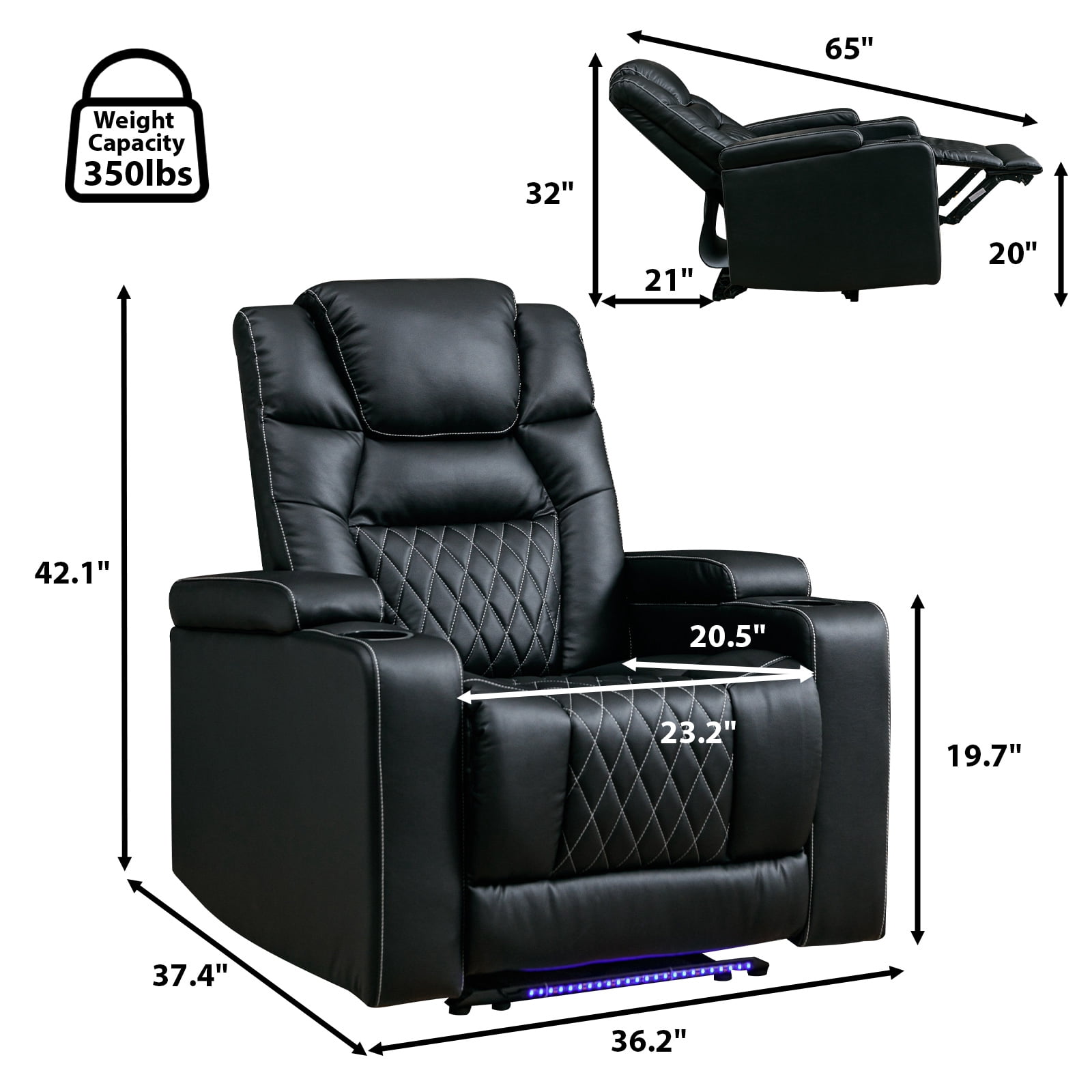 Bonzy Home Electric Power Recliner Reclining Chair with USB Ports and Cup Holders, Home Theater Seating with LED Light Movie & Media Room Chairs