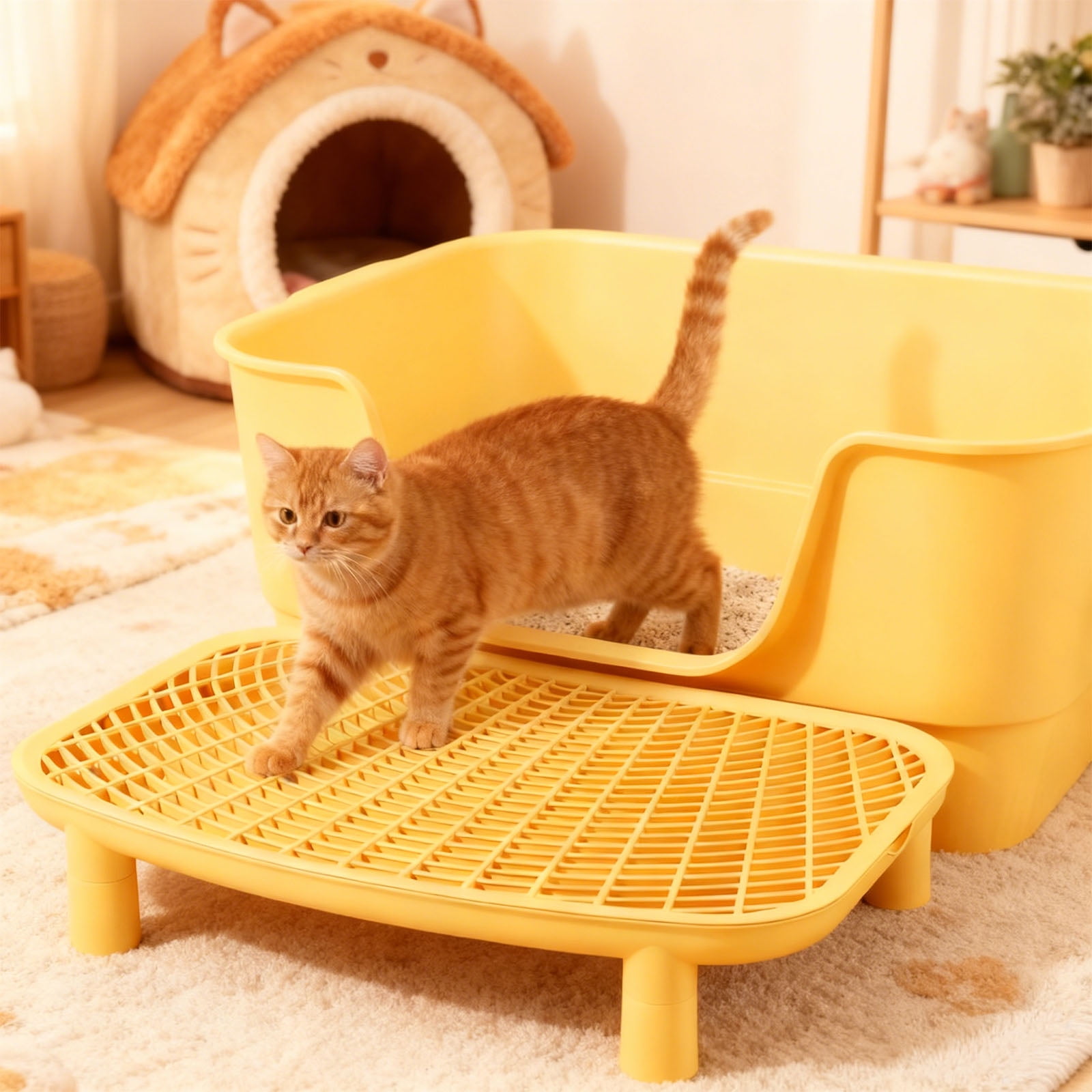 Cat Litter Box Anti-Tracking Platform with Elevated Design, 18.1 in / 46 cm Wide, Honeycomb Design, Detachable Cat Sand Step, Yellow Litter Box Step for Easy Cleaning