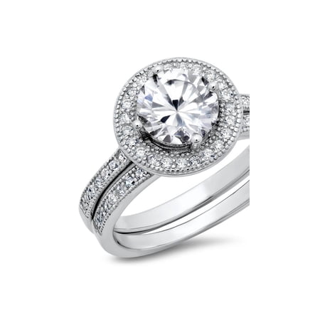 Sz 12 Sterling Silver Cubic Zirconia Halo 3.3 Carat tw Round Brilliant Cut CZ Wedding Engagement Ring Set