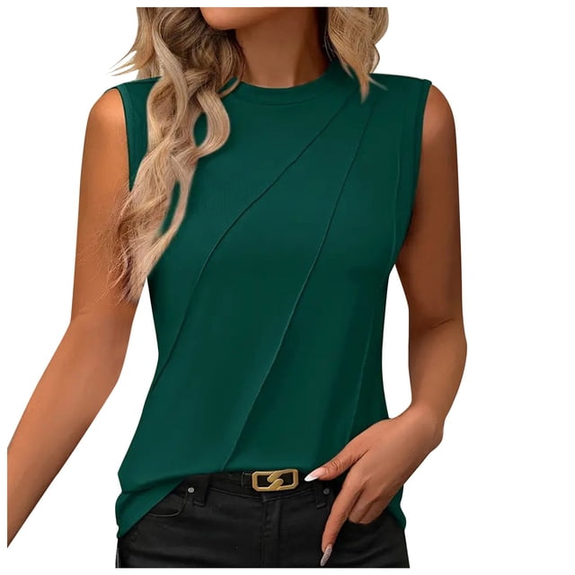 Top sin mangas de cuello redondo liso de verano para mujer - Corte holgado, mezcla de poliéster - Camiseta sin mangas informal para el día a día