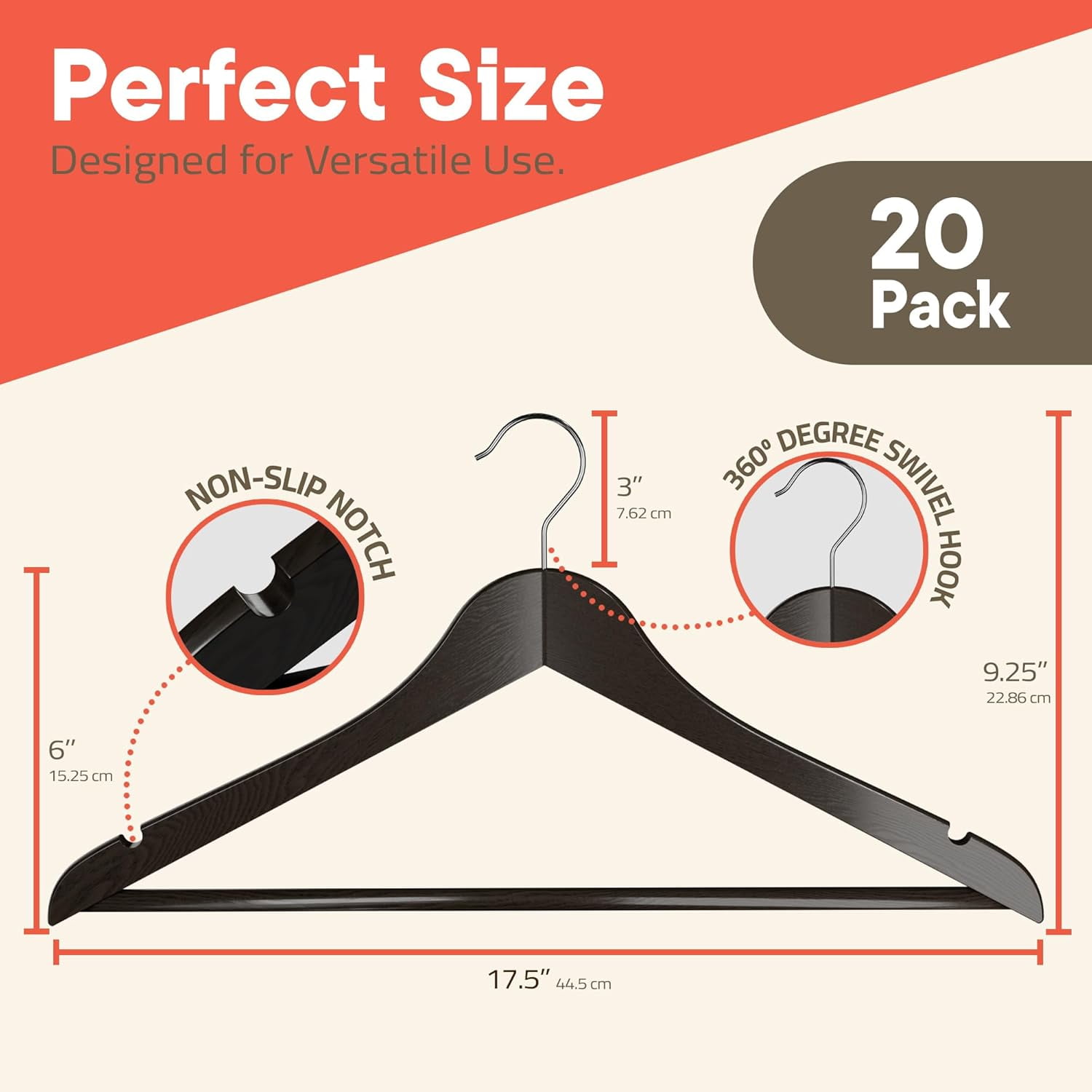Vintage Wooden Hangers 20 Pack – Heavy-Duty with 360° Swivel Hook, Non-Slip, Pants Bar & Shoulder Grooves - Wooden Hangers for Suits, Jackets, Dresses & Camisoles, Space-Saving and Smooth Finish