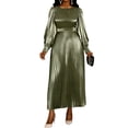 thumbnail image 2 of ClodeEU Women's Satin Cinched Waist Long Sleeve Midi Dress, Loose Fit Pleated Casual Dress Green,Womens Plus M, 2 of 7