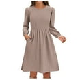 thumbnail image 1 of Vestido de punto de cuello redondo para mujer - Vestido informal de color liso con bolsillos y corte en A, 1 of 8