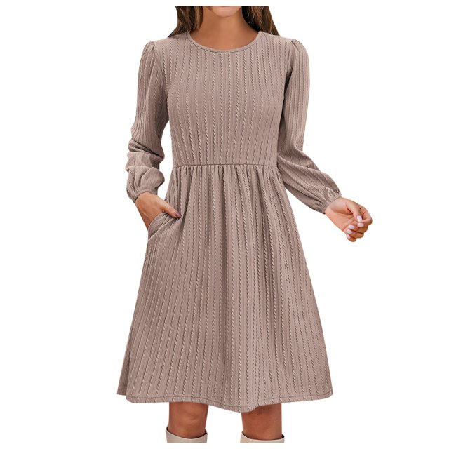Vestido de punto de cuello redondo para mujer - Vestido informal de color liso con bolsillos y corte en A