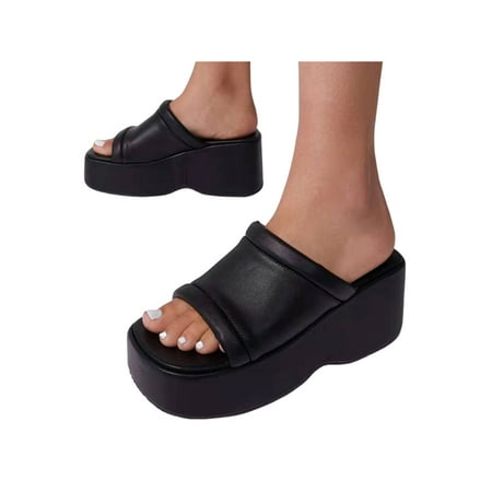 

Woobling Womens Platform Sandals Thick Sole Slides Slip On Casual Shoes Comfort Wedge Shoe Beach Street Slide Slippers Black 8.5