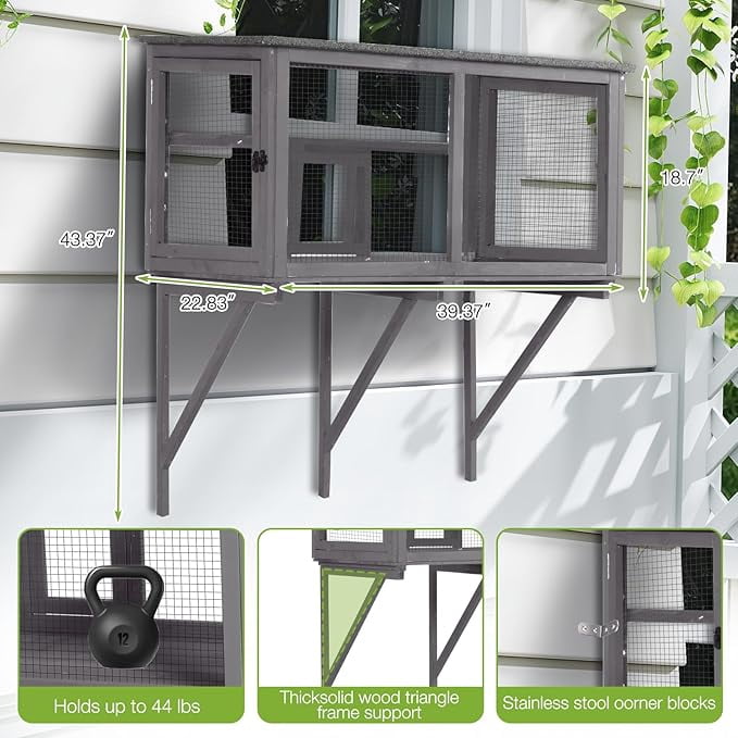 MEDEHOO Outdoor Cat Enclosure & Window Perch - High Density Wire Mesh, PVC Back Door, Bug-Proof (39.4" L × 22.8" W × 43.4" H)