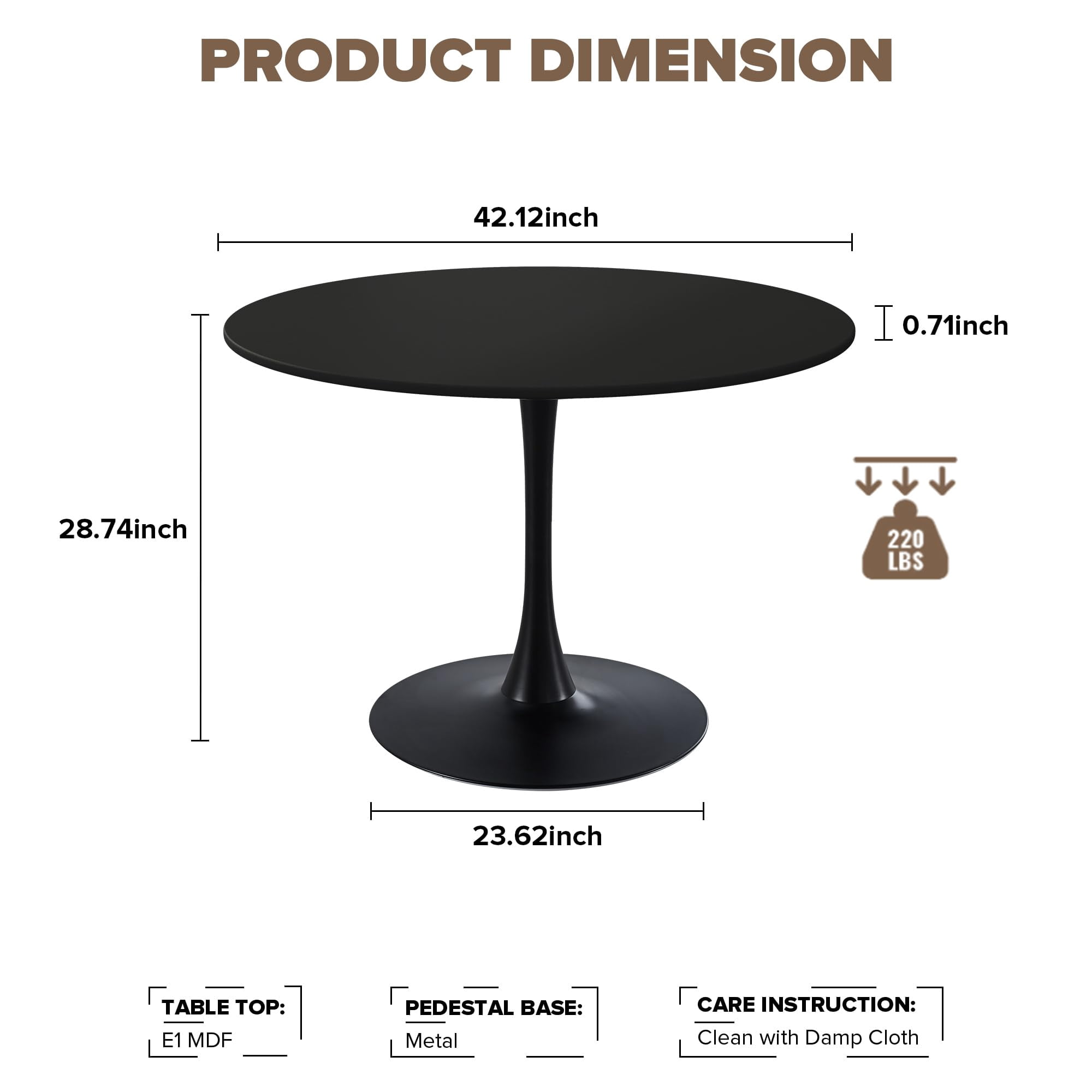 Miniyam 42" Round Pedestal Dining Table for 4-6, Small Kitchen Table with Wood Top, Black