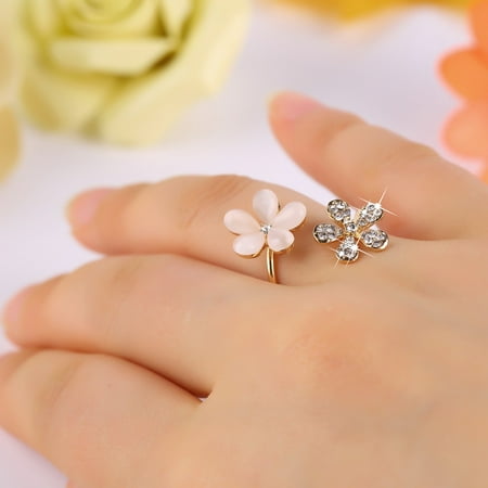 Murano Millefiori Flower Ring - 1 pc Crystal Double Daisy Flower Petals Ring Adjustable Rhinestone Ring