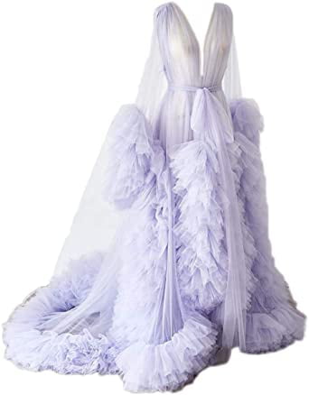 Ladies Dressing Gown Perspective Sheer Long Robe Puffy Tulle Robe Sheer for Maternity Photoshoot 