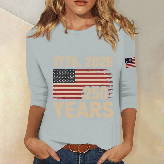 US 250th Anniversary 3/4 Sleeve Tops for Women Trendy Crewneck 250 Years and Flag Printed Shirts 4th of July Patriotic Tee Tops