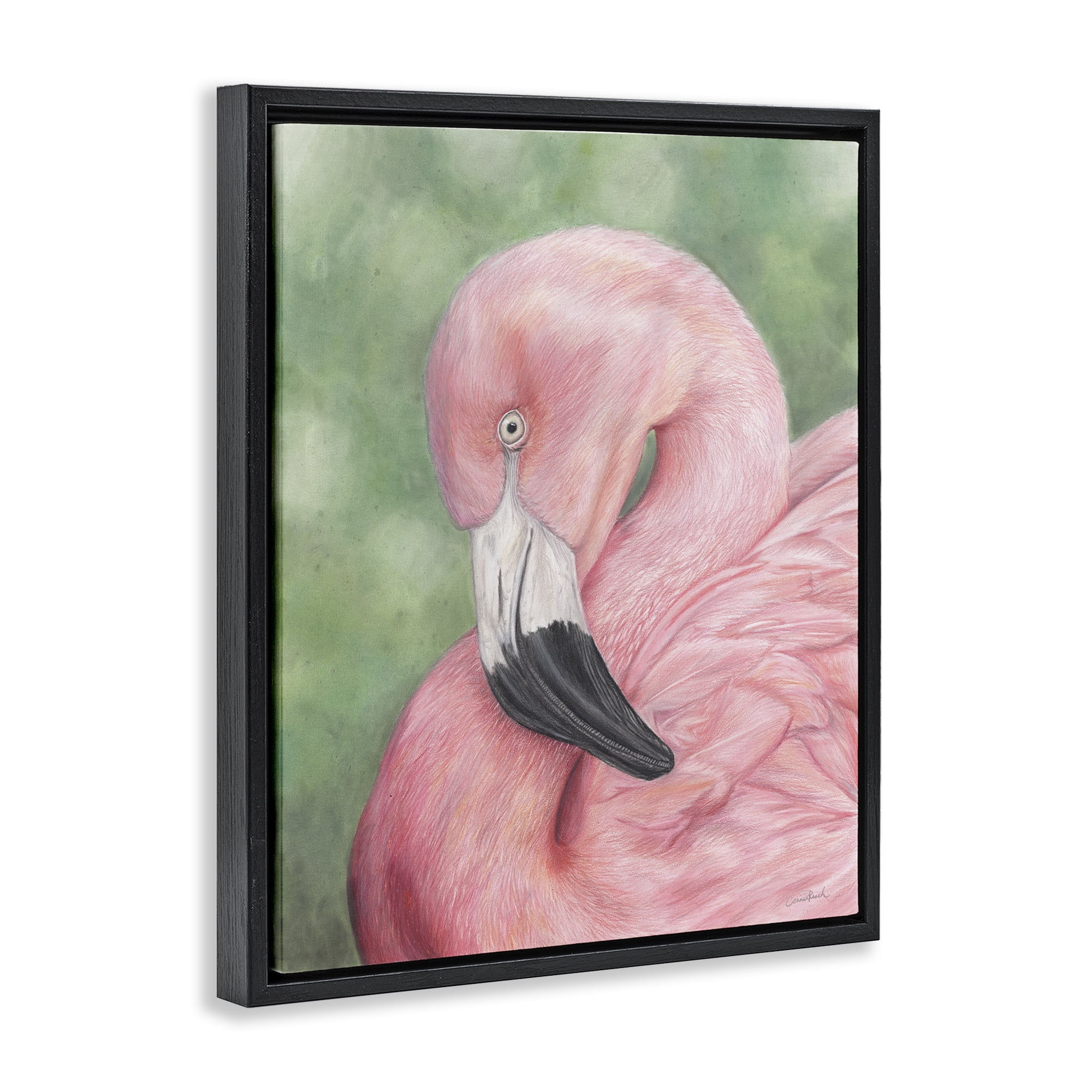 Stupell Industries Blushing Flamingo Visage Animals & Insects Painting Black Floater Framed Canvas Art Print Wall Art, 17 x 21