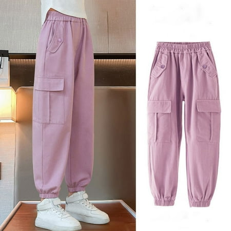 

Bjutir Fashion Cargo Pants For Girls Casual High Waisted Loose Fit Long Pants With Pockets Kid Toddler Solid Spring Fall Winter Sport Cargo Sweatpants Streetwear Pink Purple Black For 10 Years