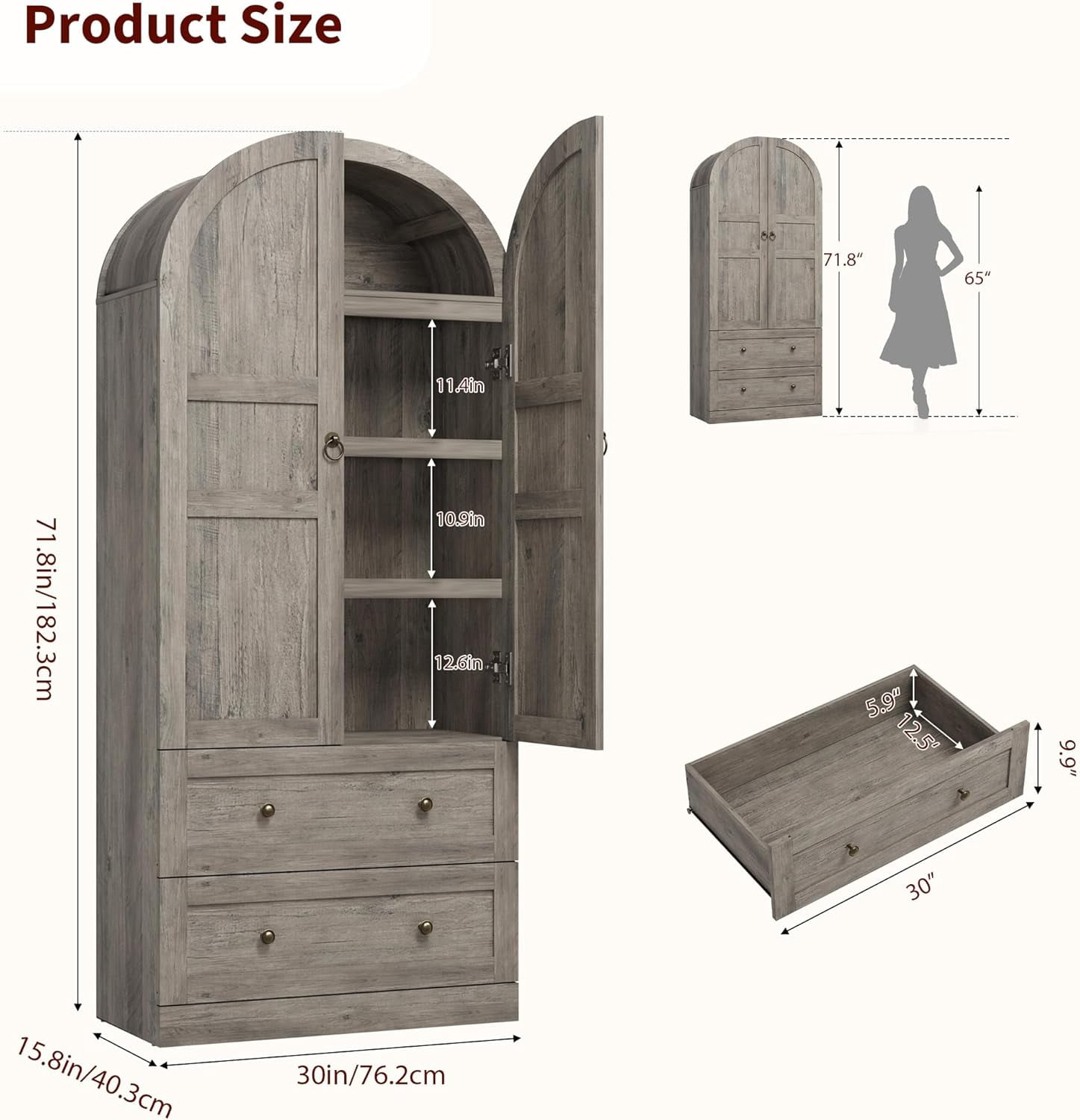 71" Tall Arched Bookcase Cabinet, Wood Arched Bookshelf with Doors & Drawers, Large Arch Display Bookcase Cabinet with Storage, Farmhouse Storage Cabinet for Office Living Room