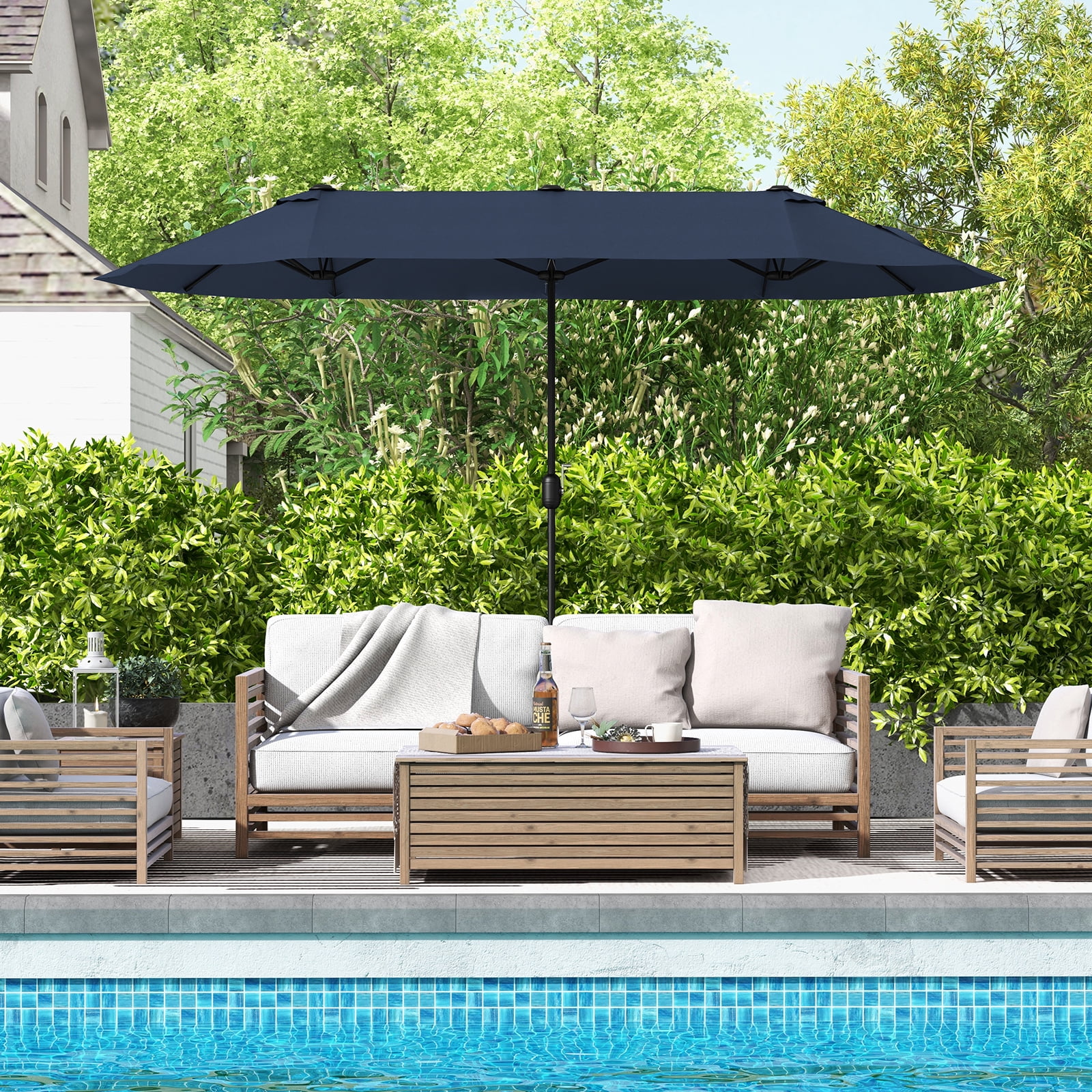 Gymax 13FT Double-sided Patio Umbrella w/ Crank Handle Umbrella Base Safety Lock Navy