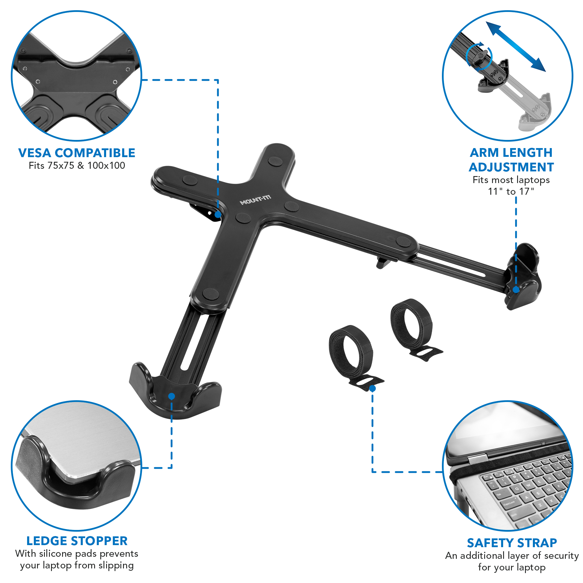 Mount-lt! Clamp-On Laptop Tray w/ Safety Straps | Fits 11"-17" Screens | DJ stand