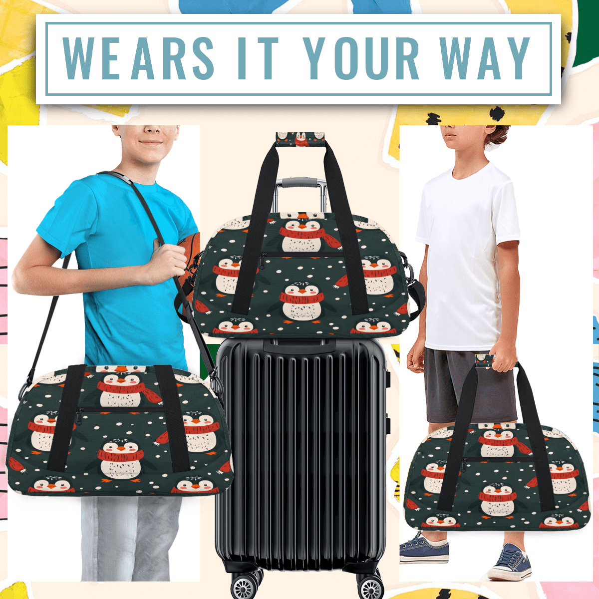 Herdesigns Penguin Sports Duffle Bag for Women & Men, Penguin Pattern Gym Bag Dance Bag Overnight Bag Carry On Weekender Travel Bag