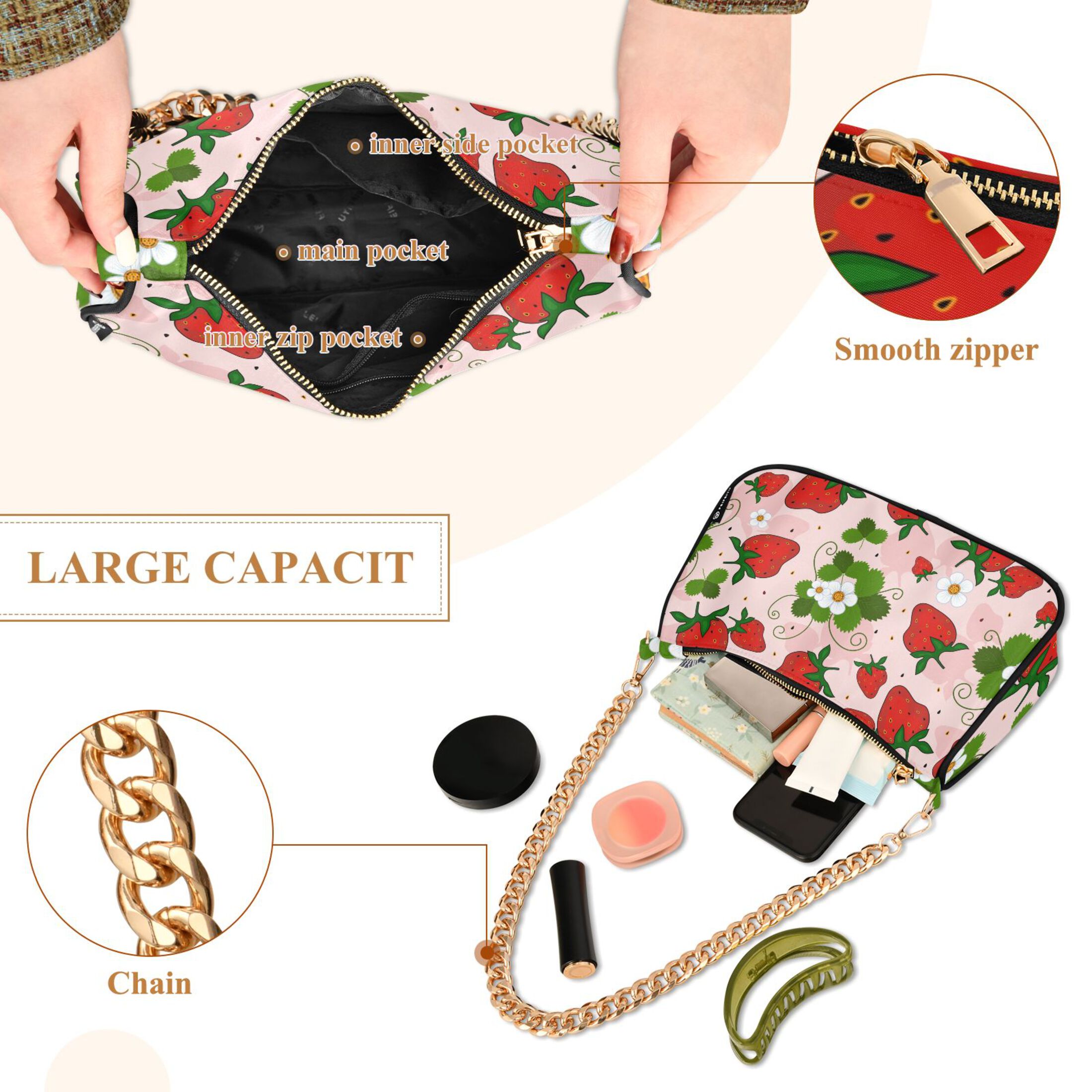 Strawberry and Flowers Womens Chain Shoulder Bag Tote Handbag Clutch Hobo Purse with Zipper for Travel Casual