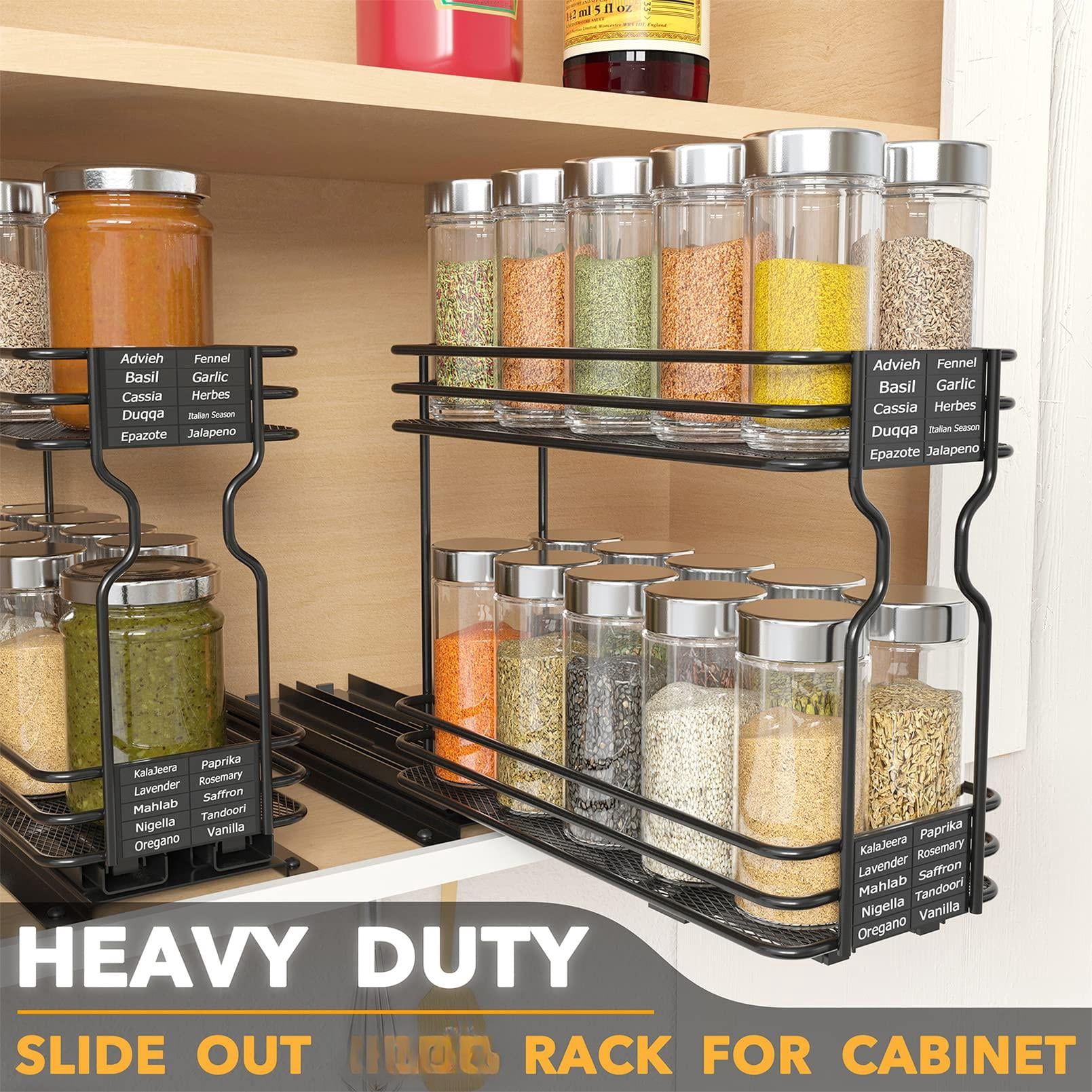 Pull Out Spice Rack Organizer For Cabinet  Heavy Duty Slide Seasoning Kitchen With Labels 4.5" W X10.75 D X8.5 H 1 Drawer 2-tier