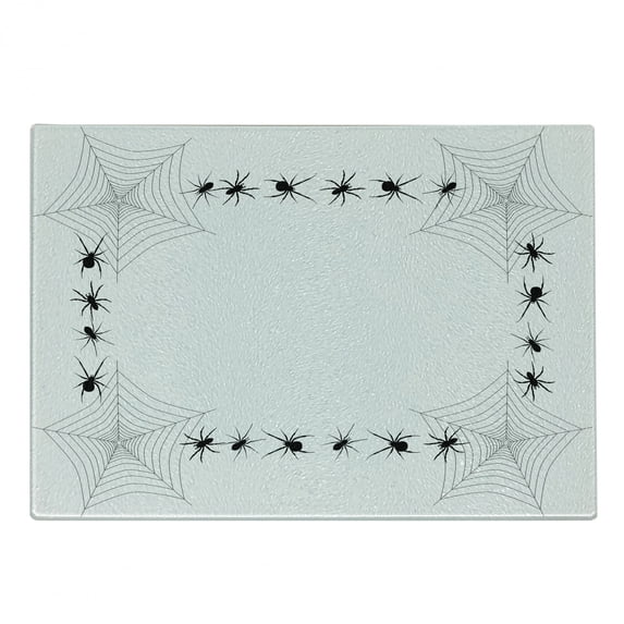 Spider Web Cutting Board, Creepy Framework with Arachnid Venom Poison Trap Cartoon Style Monochrome Print, Decorative Tempered Glass Cutting and Serving Board, Small Size, Black White, by Ambesonne