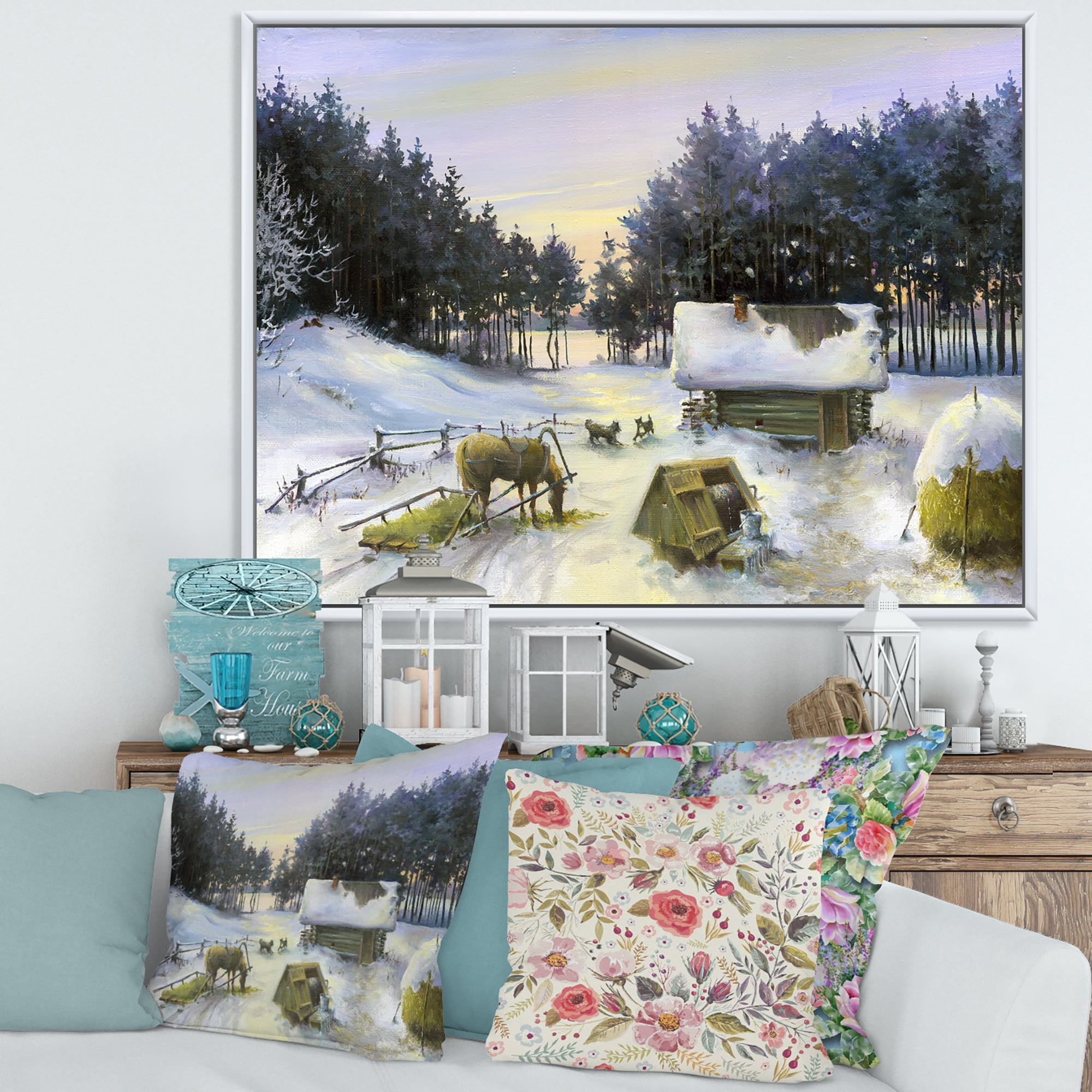 Designart 'Cottage Covered In Snow With Winterscene' Country Framed Canvas Wall Art Print