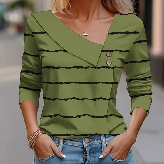 hxobax Womens Fall Long Sleeve Tops Collar V Neck Tunic Top Tie-Dye Striped Tshirts Button up Shirts