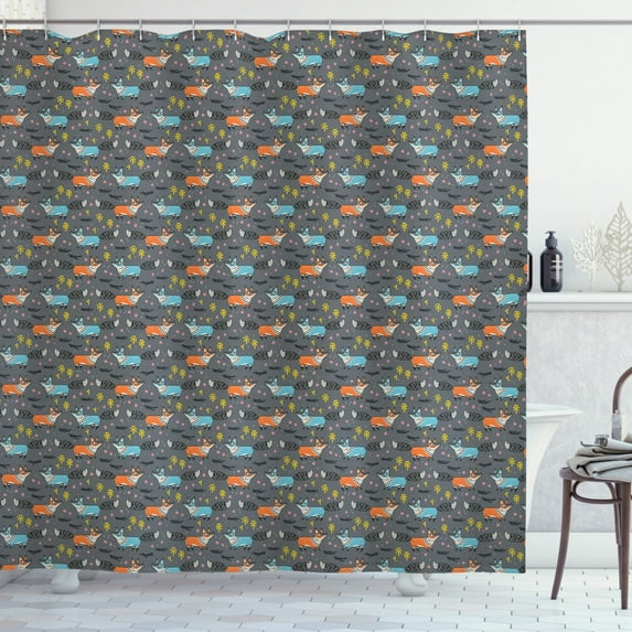 Adventure Nursery Shower Curtain, Abstract Illustration of Forest Habitants Fluffy Foxes and Dandelions, Fabric Bathroom Set with Hooks, 69W X 84L Inches Extra Long, Multicolor, by Ambesonne