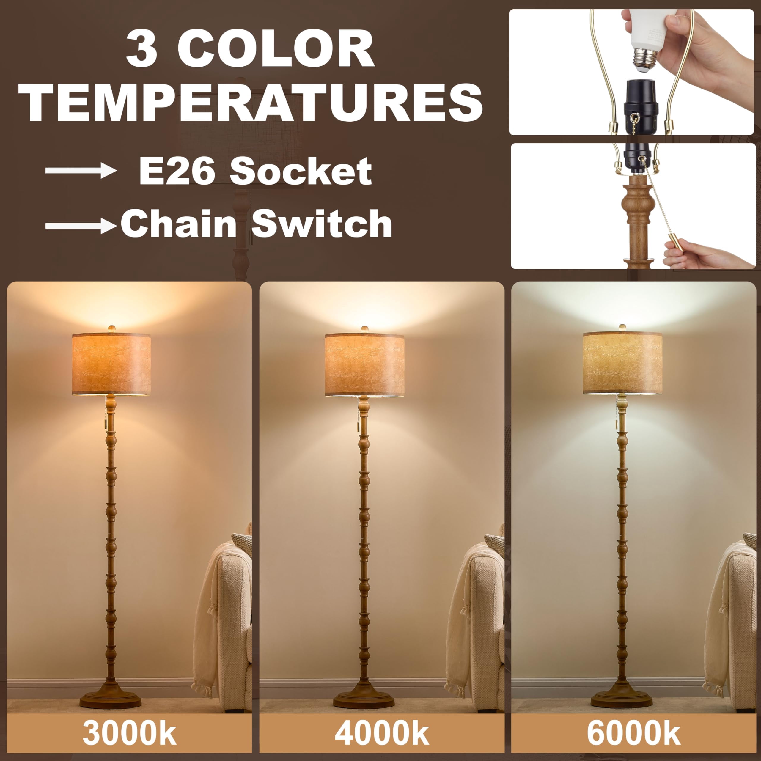 63.5'' Floor Lamps For Living Room  Farmhouse Lamp Bedroom With 3 Color Temperatures Vintage Standing Light Chain Bulb Included Brown