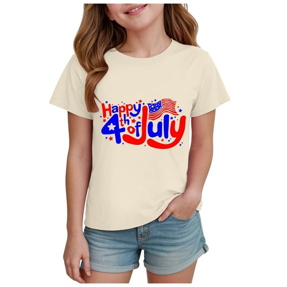 WUANDIXFA 4th of July Shirts Kids Toddler Boys Girls 4Th Of July Shirt Print Patriotic T Shirts Short Sleeve Crew Neck Cartoon Print Tops Breathable Summer Independence Day Beige,5-6 Years