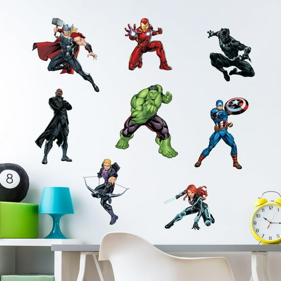 Marvel The Avengers Wall Decals – Set of 8 Hulk Iron Man Captain America Black Panther Removable Vinyl Stickers for Kids Bedroom Playroom Bathroom - Peel and Stick Room Décor