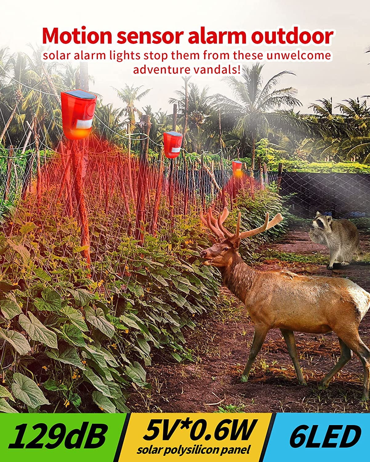 Dedaqian Solar Sound & Light Alarm Outdoor Motion Sensor 129dB Siren Sound Alert & 6LEDs Flash Warning Security Alarm System 2 Pack