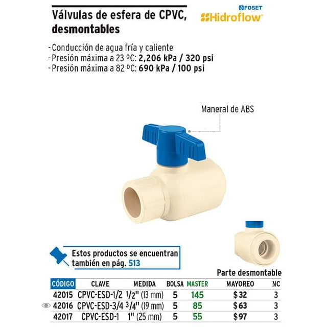 Válvula esfera de CPVC (13 mm) 1/2' Foset Válvula esfera de CPVC (13 mm) 1/2' 