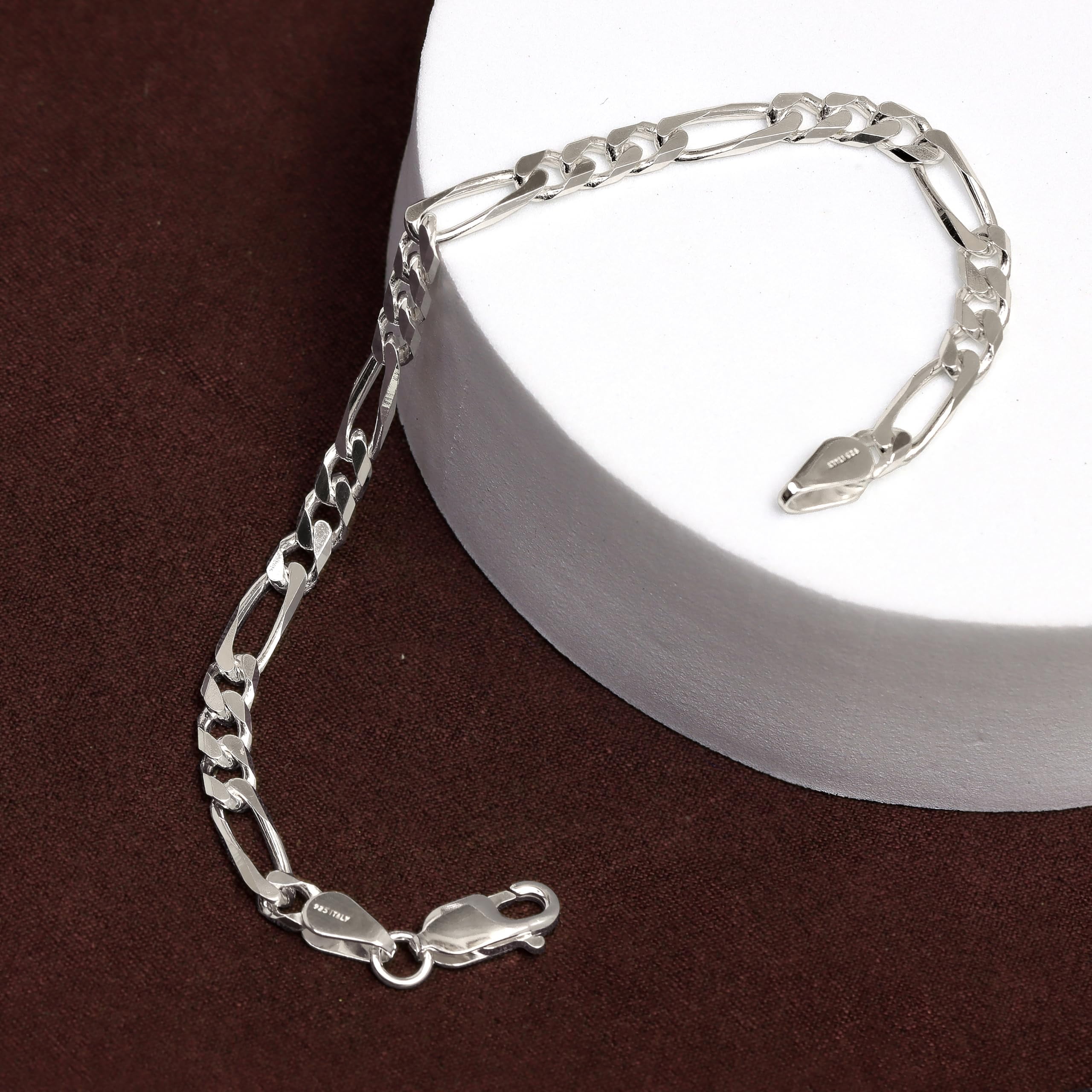 LeCalla Solid 925 Sterling Silver Hypoallergenic Italian Design Light-Weight 5MM Figaro Chain Bracelets for Men 8.5" Inches