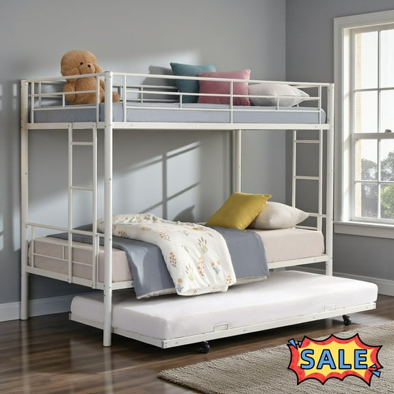 Tcbosik Bunk Bed with Trundle, Twin Over Twin Size Metal Bed Frame with Ladder and Guardrail, Noise Free, Space Saving, No Box Spring Needed, White
