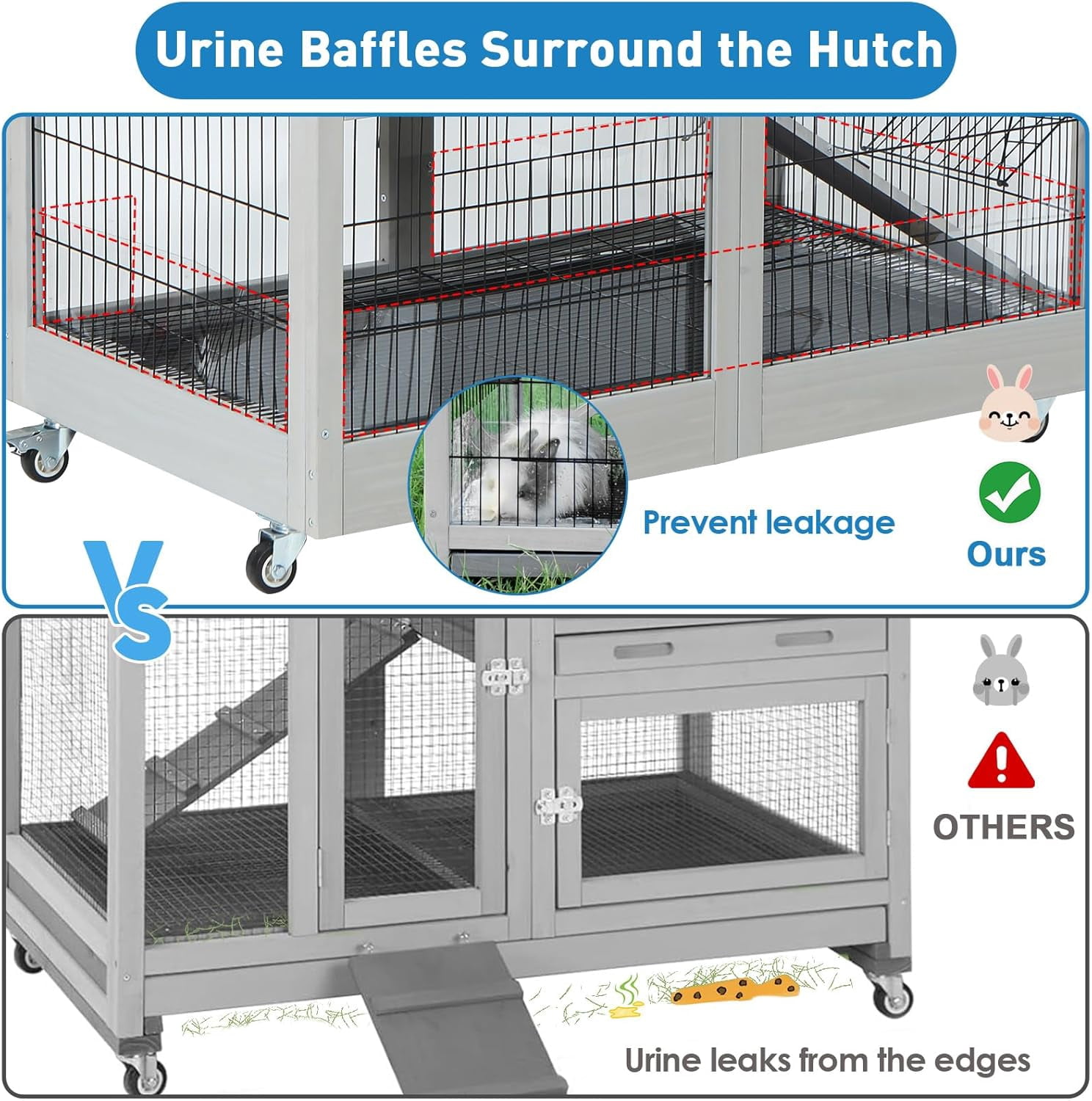 Rabbit Hutch Indoor Bunny Cage Outdoor with Urine Guards 2 Storey Mobile Guinea Pig Cage