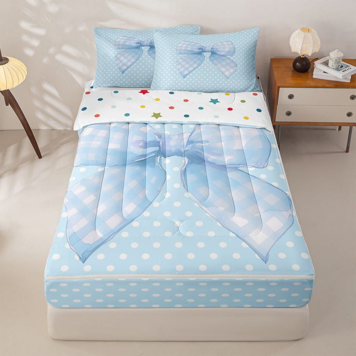 Homewish Blue Kawaii Bow Zipper Full Size Comforter Sets with Fitted Sheet and 2 Pillowcases Cartoon Polka Dot Print Zipper Bedding Set For Kids Girls Reversible 4 Pieces