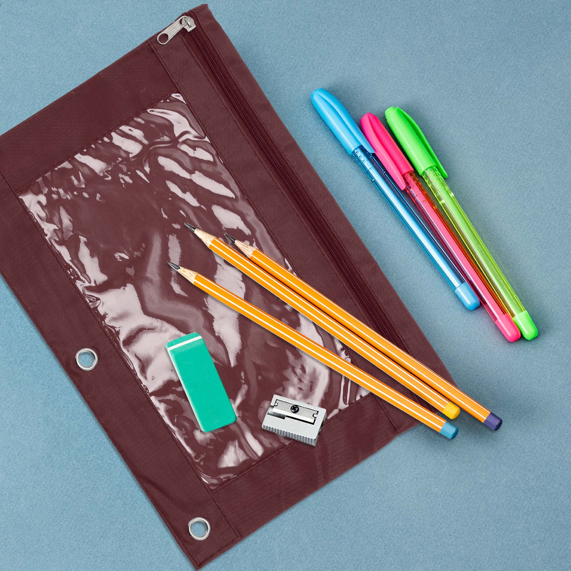 Unique Bargains Pencil Case for 3 Ring Binder, Double Layer, Smooth Zipper Wine Red