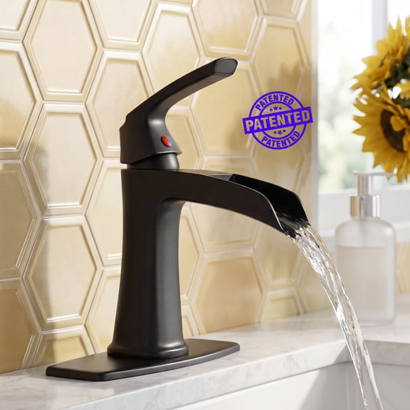 SUNRINX Waterfall Bathroom Faucet with Pop-Up Drain and Deck Plate, Matte Black