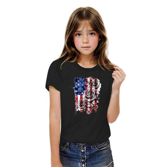 BRGZLK Kids Independence Day Patriotic Short Sleeve Tops Boys Girls Fashion American Flag Tees Casual Round Neck Cotton T-Shirts Black 9-10 Years