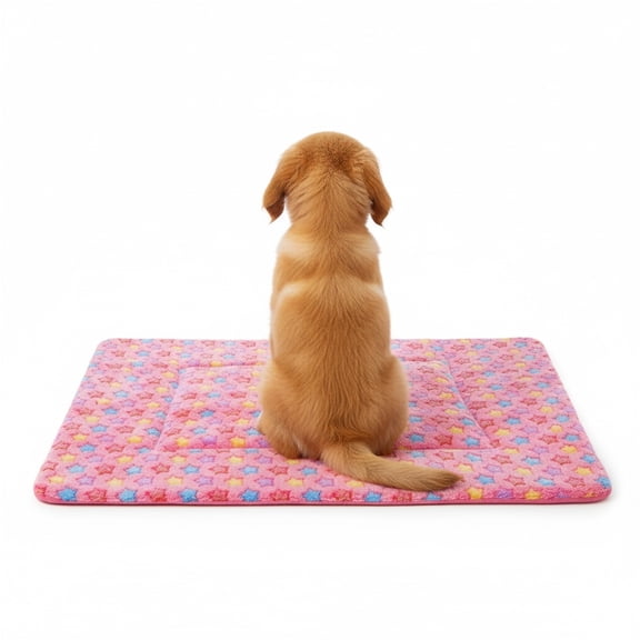 Reversible Dog Cat Crate Mat Soft Fleece Pet Sleeping Pad, Cozy Star Print Bed Cushion for Kennel, Cage and Indoor Use(Pink)