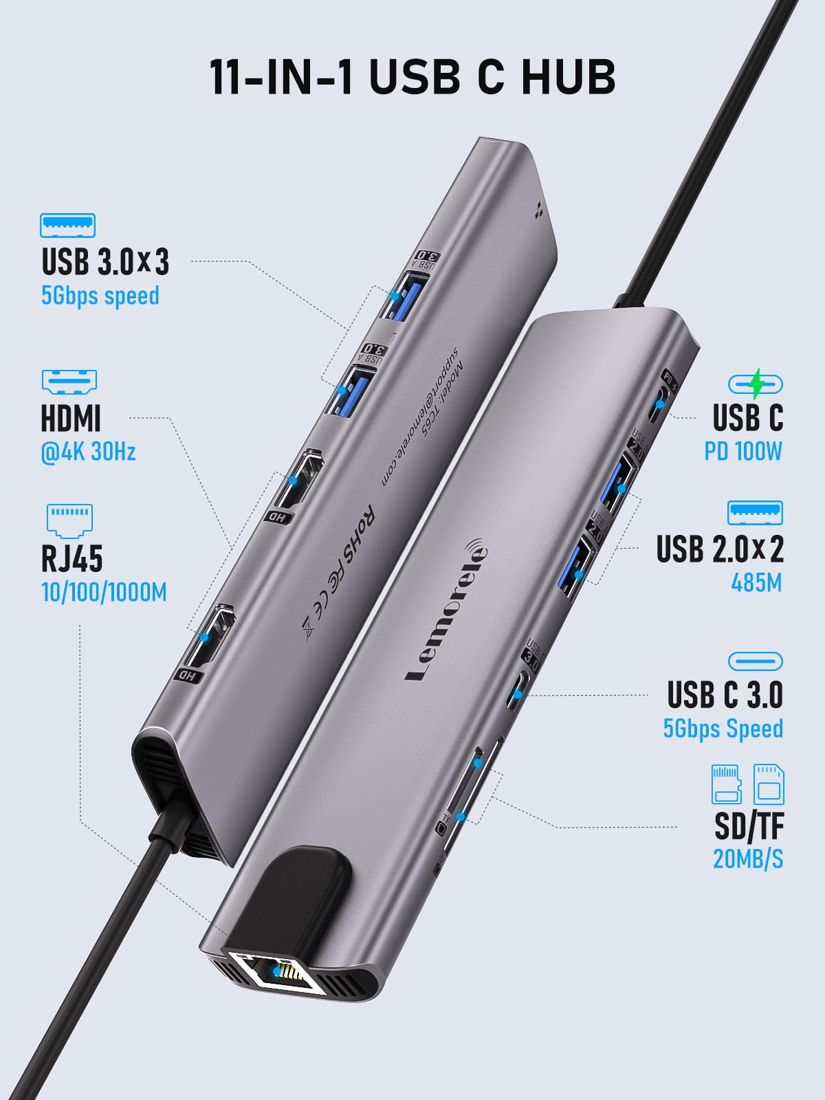 11 in 1 Multi-Port Hub, Docking Station, 100W PD Charging, Dual 4K HDMI, Gigabit Ethernet Adapter, Lemorele USB-C Hub for Laptop/Mac/Switch