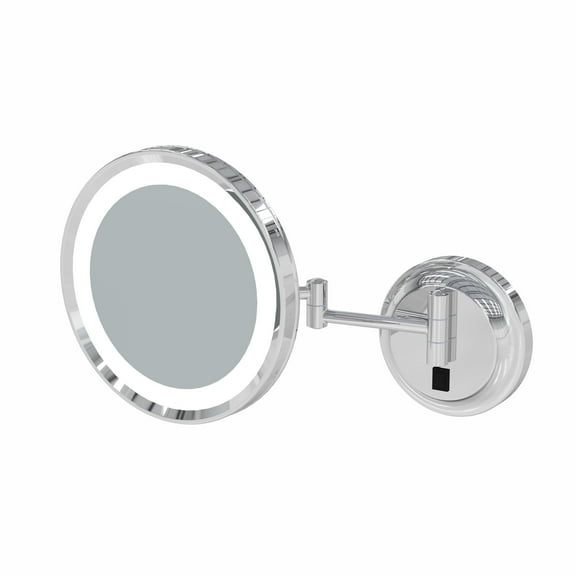 Aptations 9.63" LED Round Mirror - 5X Magnification | Switchable Cool & Warm Light | Hardwired LED Arm Wall Mirror | Makeup Mirror for Vanity, Bedroom, Bathroom | Energy Efficient (Chrome)