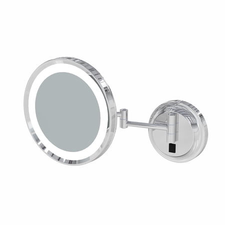 Aptations 9.63 LED Round Mirror - 5X Magnification | Switchable Cool & Warm Light | Hardwired LED Arm Wall Mirror | Makeup Mirror for Vanity Bedroom Bathroom | Energy Efficient (Chrome)