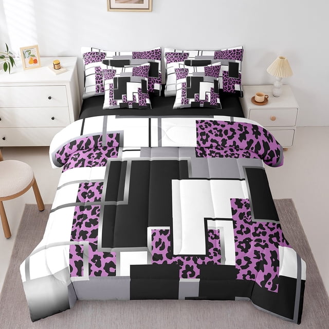 YST Abstract Geometric Queen Bedding Set For Girls Kids Safari Leopard Print Bed In A Bag 7 Piece Cheetah Checkered Comforter Set With Sheets Wildlife Grids Bed Set Wild Animal