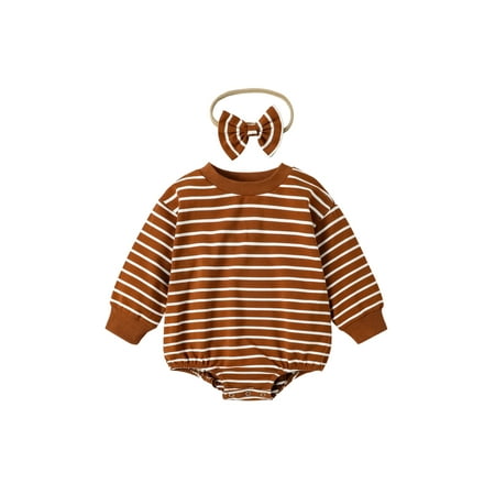 

Calsunbaby Newborn Baby Boys Girls Long Sleeve Romper Set Horizontal Stripes Triangle Bodysuit with Bowknot Headband Brown 0-3 Months