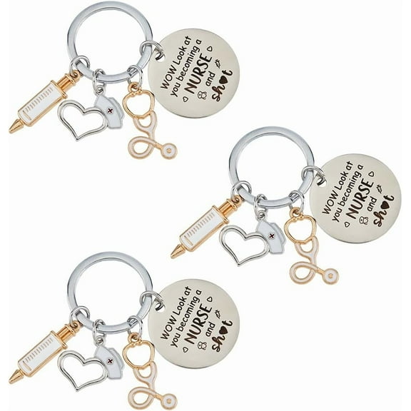 3PCS Nurse Keychains Nurse Graduation Gifts Stainless Steel Keychains Nursing Keyrings Metal Key Rings for Nurses' Day Nurse Week Nurses Appreciation Gifts 5.9cm DIY