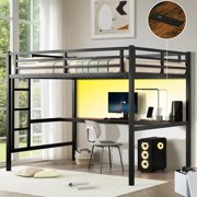 Full Size Metal Loft Bed with Desk & Ladder, LED Lights & Charging Station, Sturdy Noise-Free Frame for Kids, Teens & Adults, 350LBS, Space-Saving Design (Black, Full)